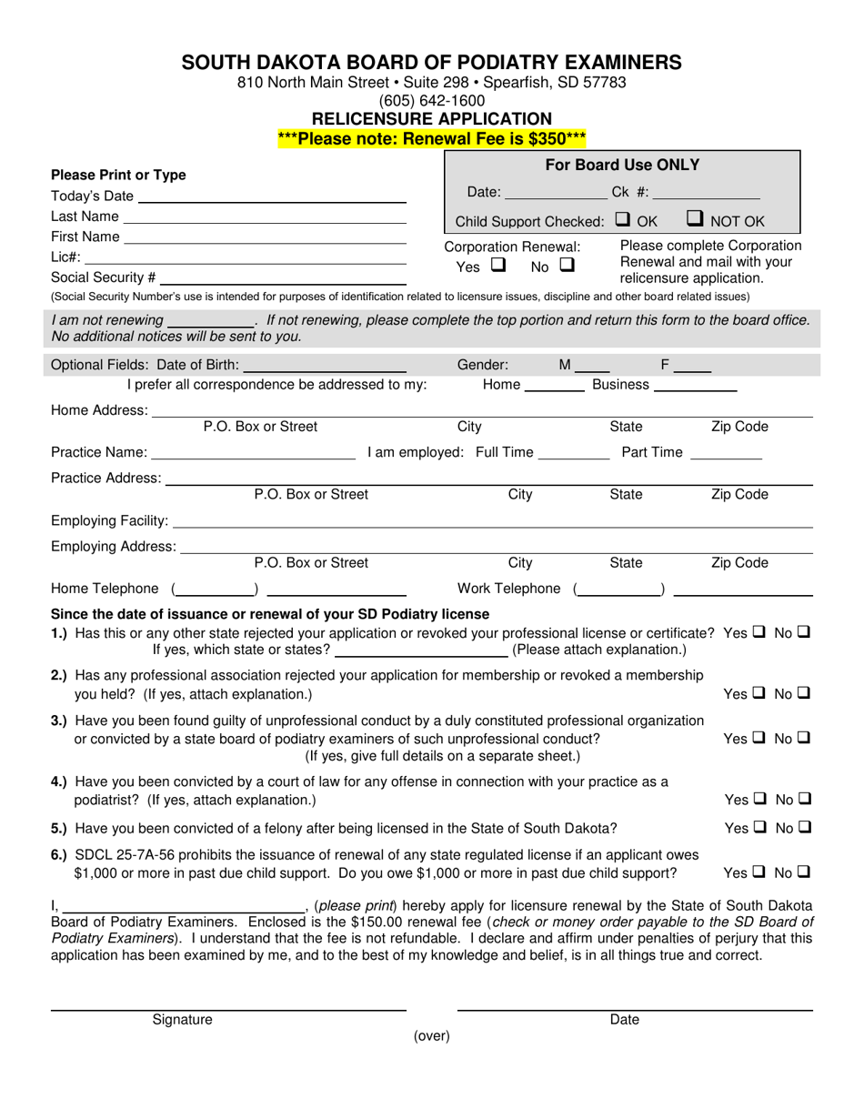 South Dakota Board of Podiatry Examiners Relicensure Application - South Dakota, Page 1