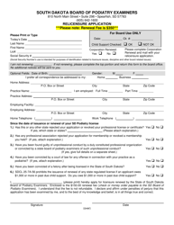 Document preview: South Dakota Board of Podiatry Examiners Relicensure Application - South Dakota