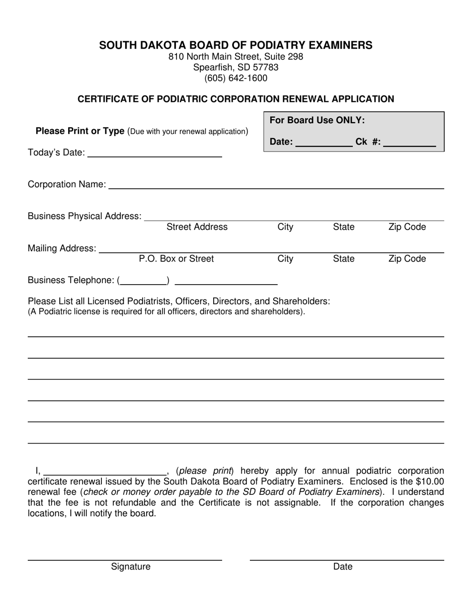 Certificate of Podiatric Corporation Renewal Application - South Dakota, Page 1