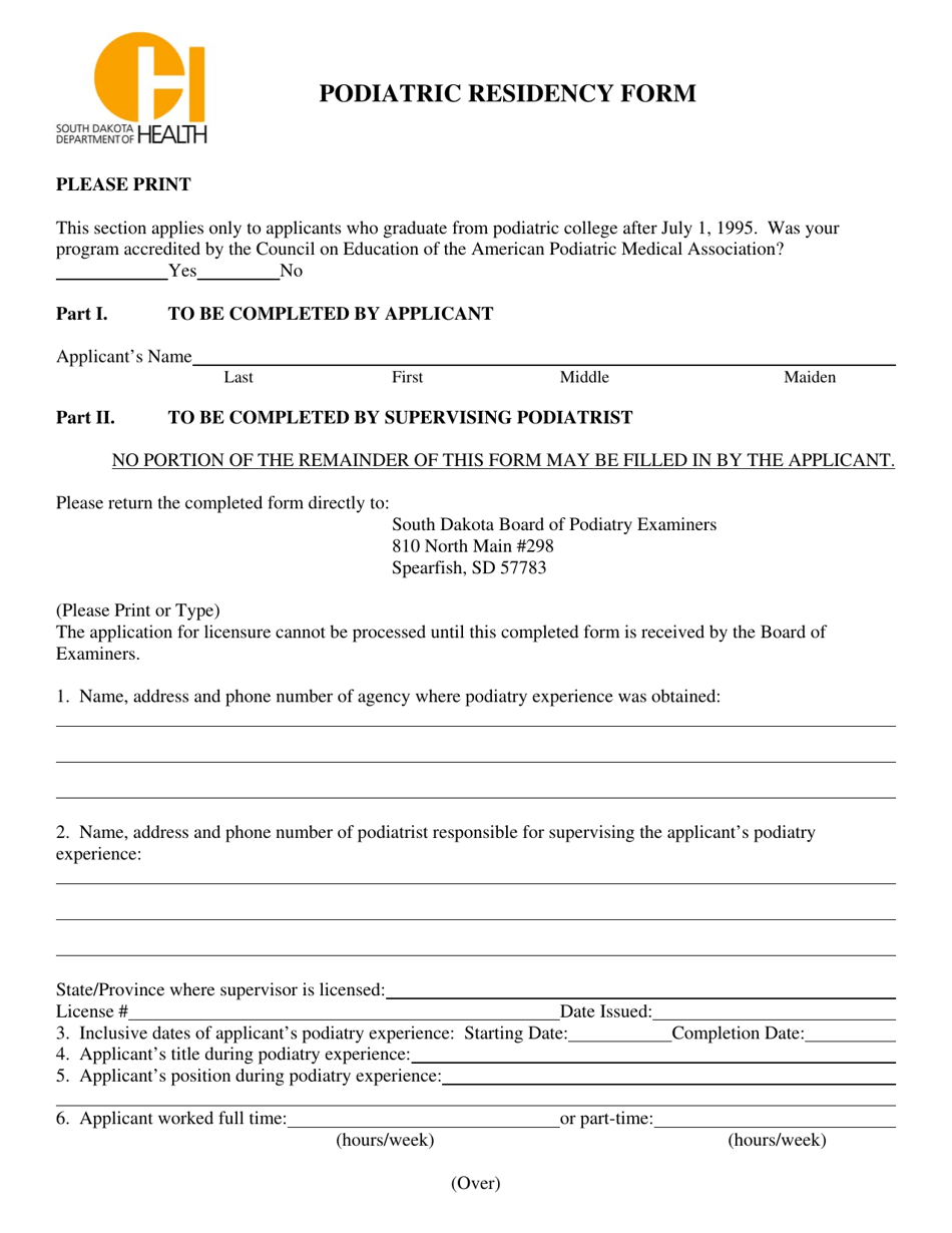 Podiatric Residency Form - South Dakota, Page 1