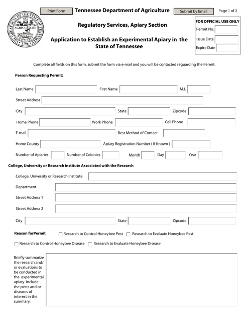 Application to Establish an Experimental Apiary in the State of Tennessee - Tennessee Download Pdf