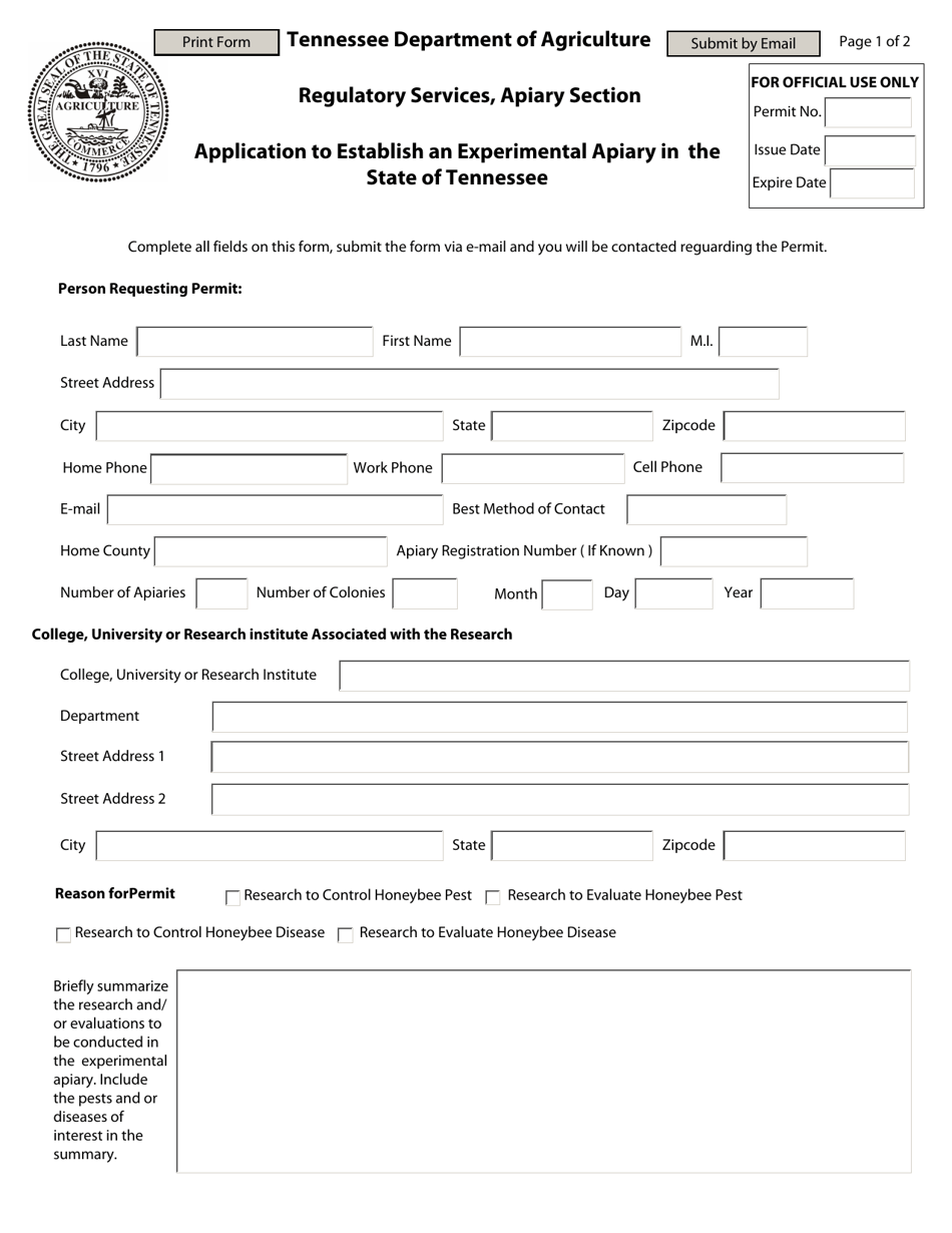 Application to Establish an Experimental Apiary in the State of Tennessee - Tennessee, Page 1