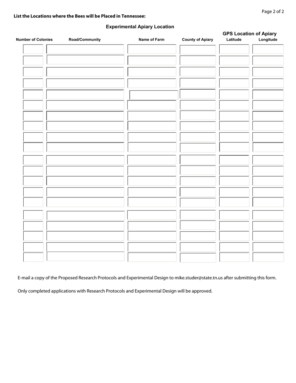 Application to Establish an Experimental Apiary in the State of Tennessee - Tennessee, Page 2