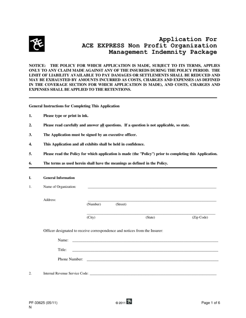 Form PF-33625 Application for Ace Express Non Profit Organization Management Indemnity Package - Texas