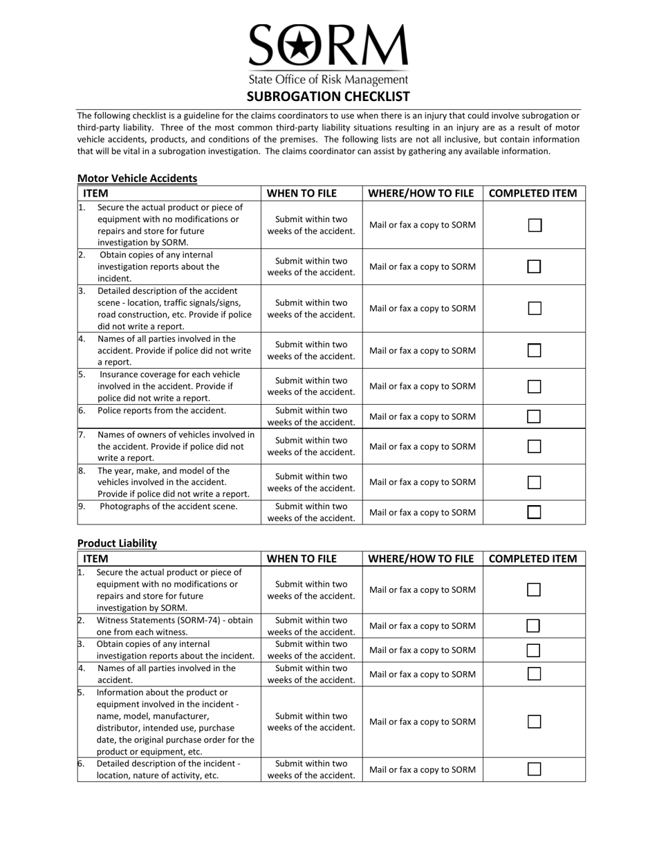 Subrogation Checklist - Texas, Page 1