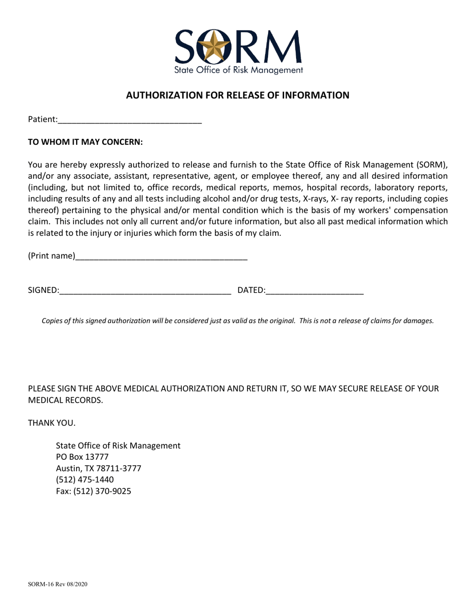 Form SORM-16 Authorization for Release of Information - Texas, Page 1