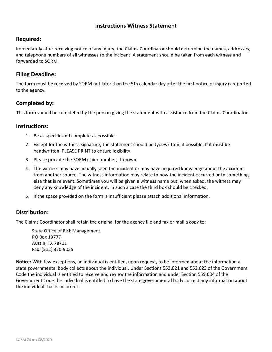 Form SORM-74 Witness Statement - Texas, Page 2