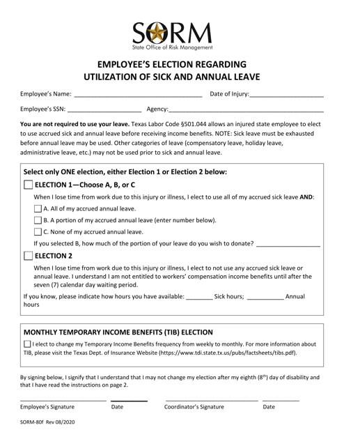 Form SORM-80F Employee's Election Regarding Utilization of Sick and Annual Leave - Texas