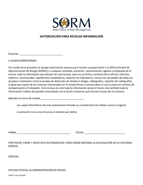 Formulario SORM-16 Autorizacion Para Revelar Informacion - Texas (Spanish)