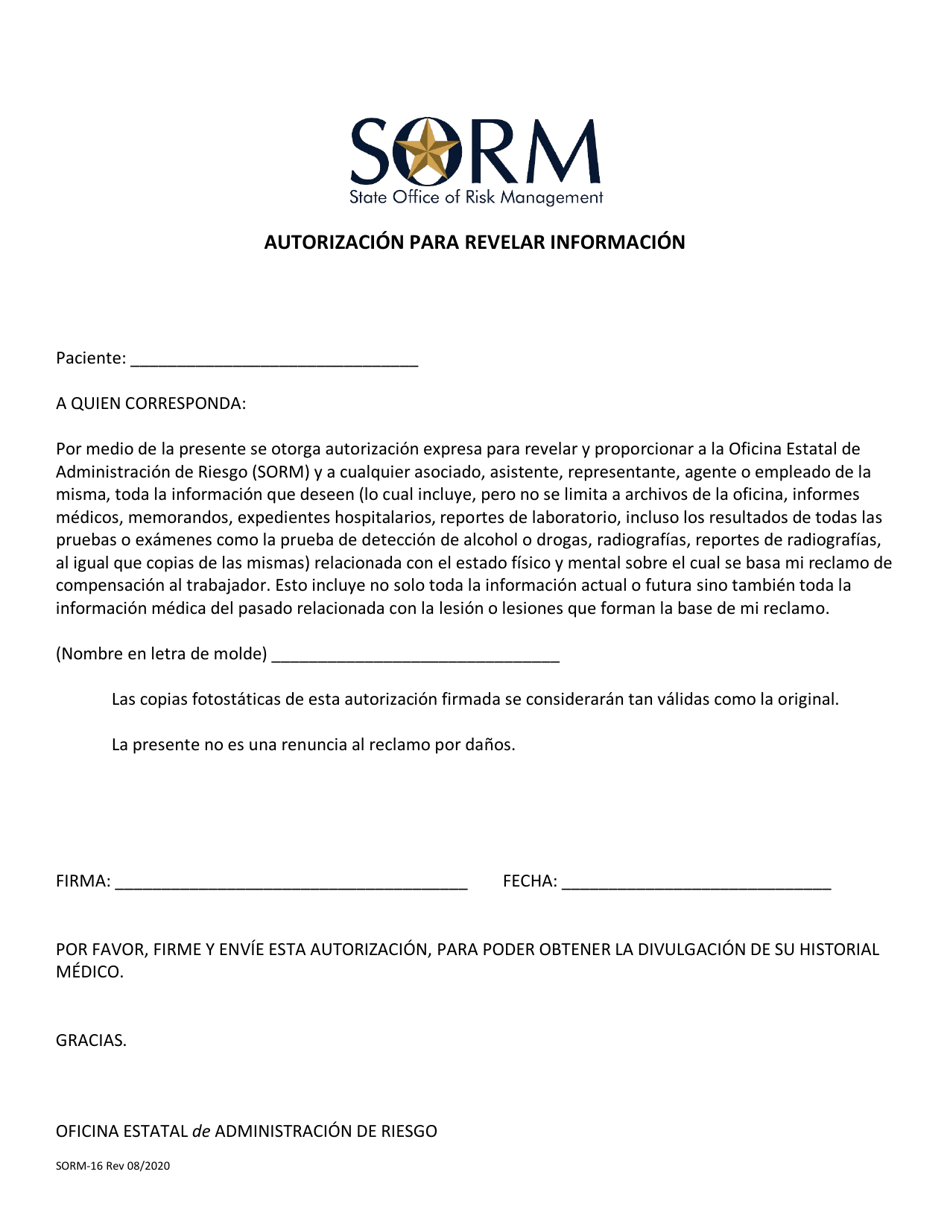 Formulario SORM-16 Autorizacion Para Revelar Informacion - Texas (Spanish), Page 1