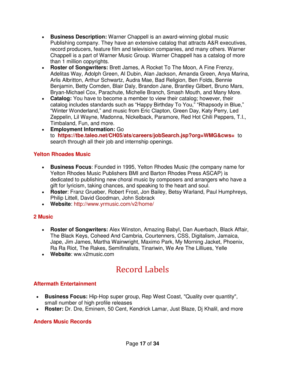 Industry Contacts and Career Resources for Music Production  Recording Arts Majors, Page 17