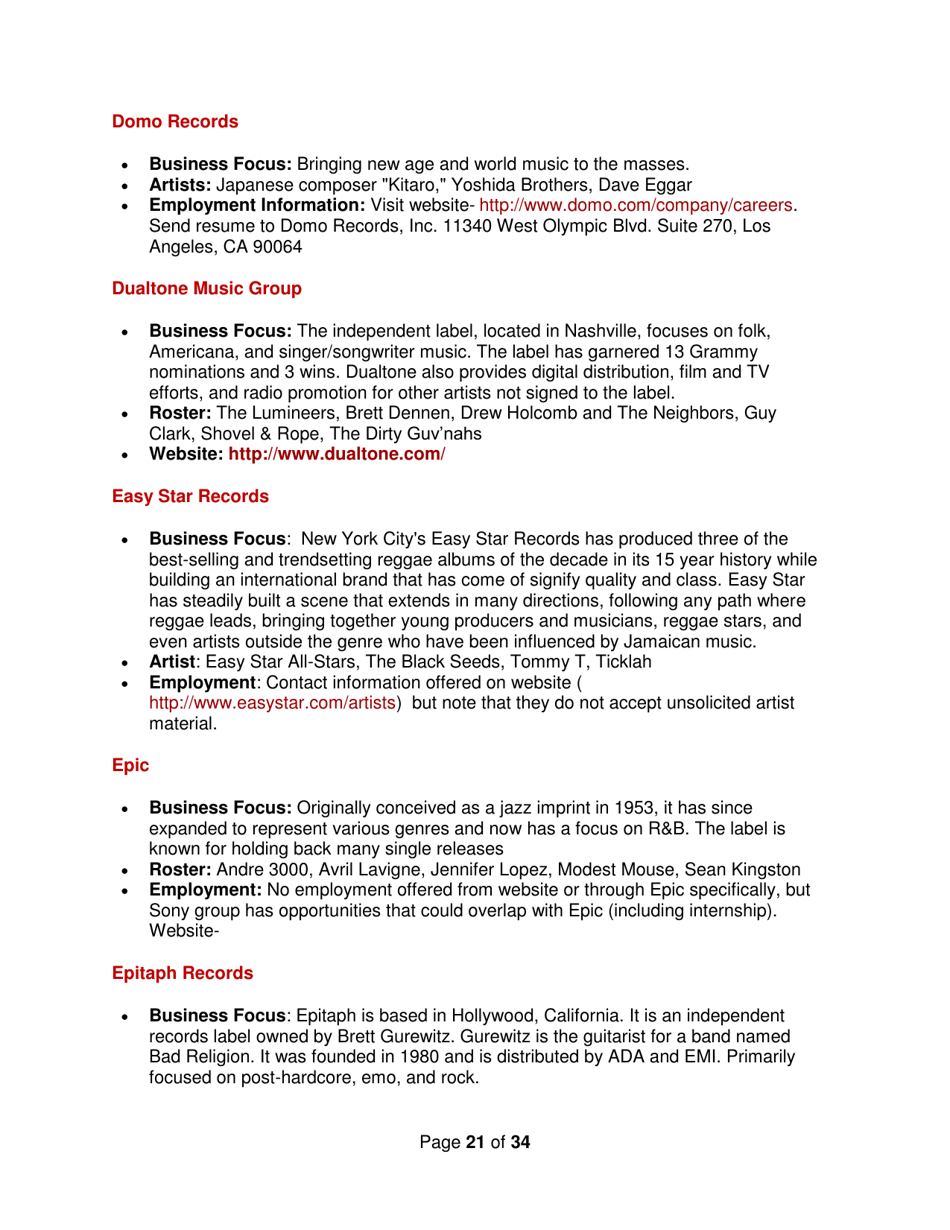 Industry Contacts and Career Resources for Music Production  Recording Arts Majors, Page 21