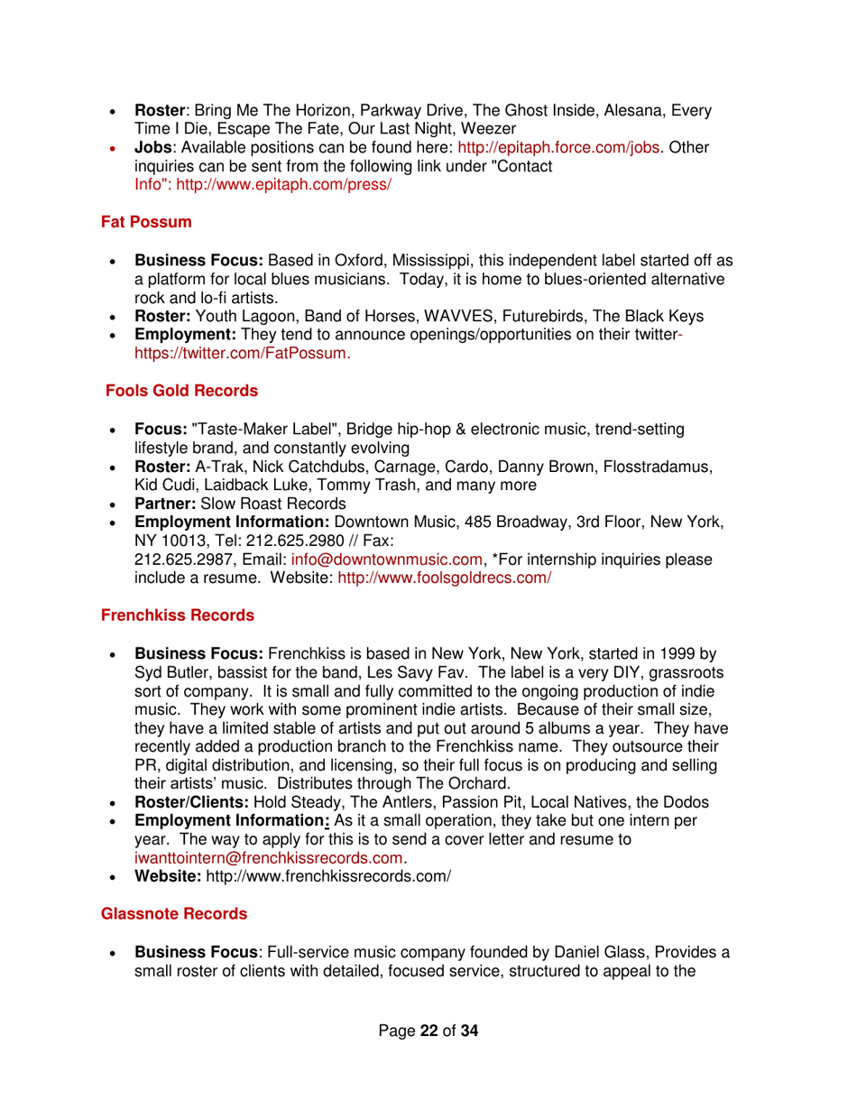 Industry Contacts and Career Resources for Music Production  Recording Arts Majors, Page 22