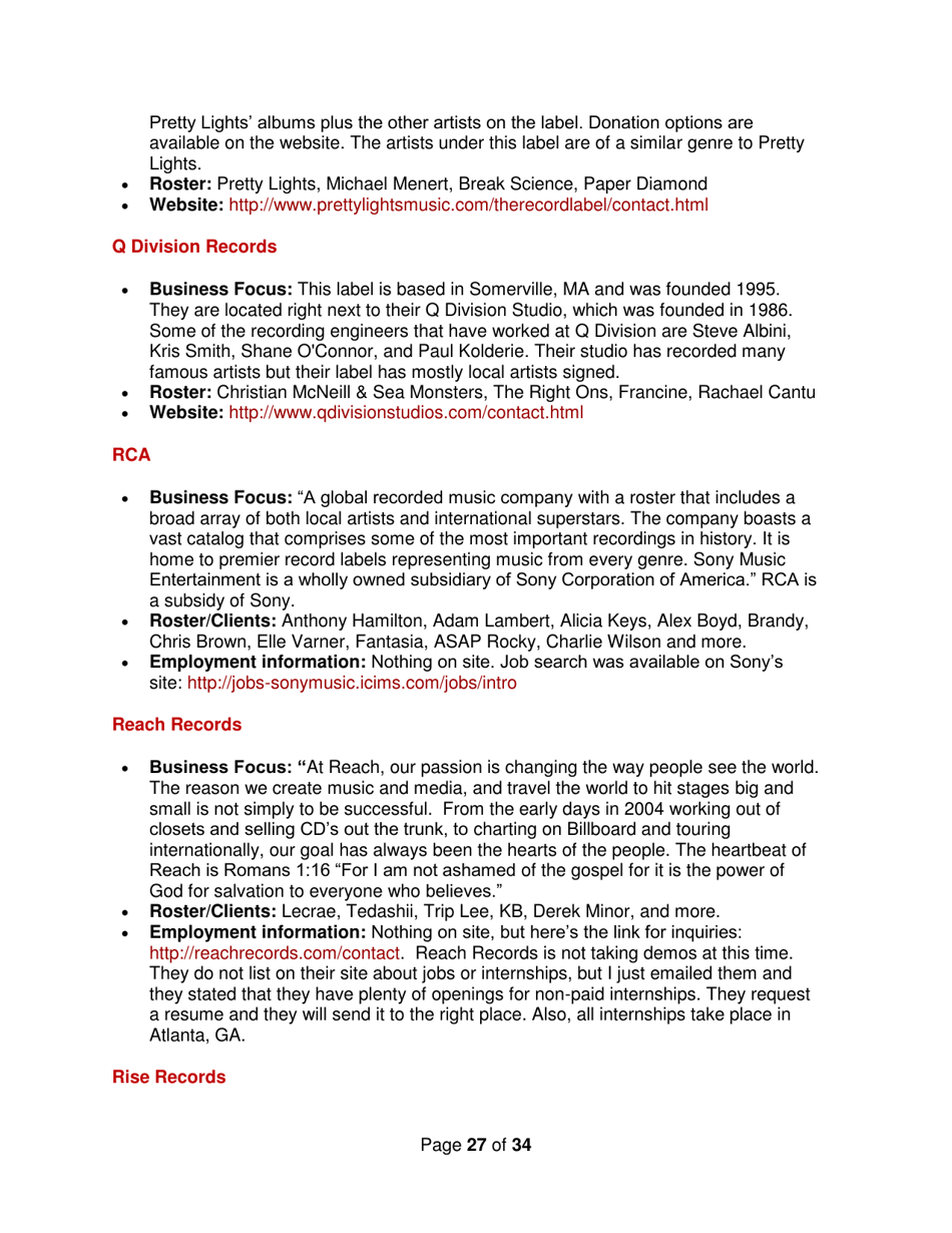 Industry Contacts and Career Resources for Music Production  Recording Arts Majors, Page 27