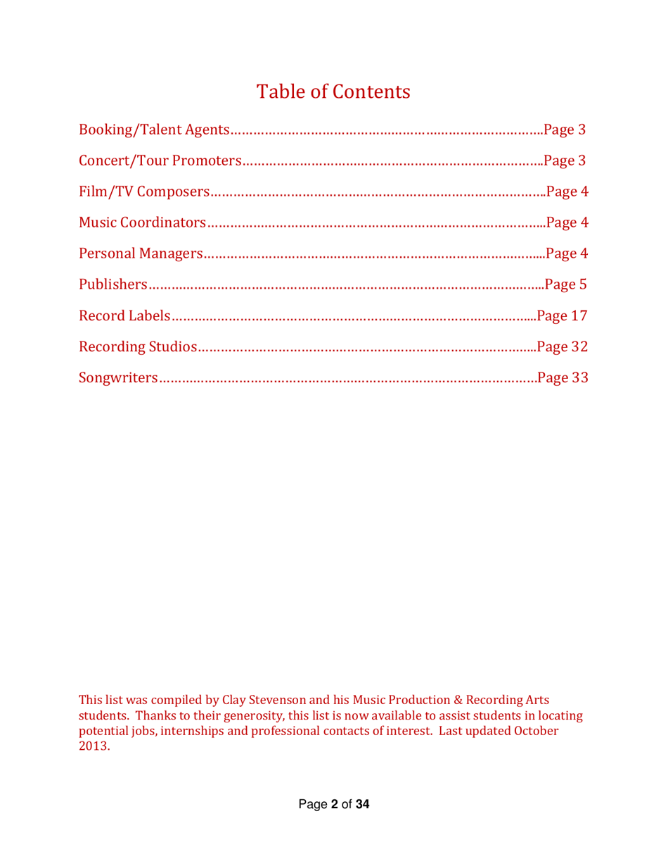 Industry Contacts and Career Resources for Music Production  Recording Arts Majors, Page 2