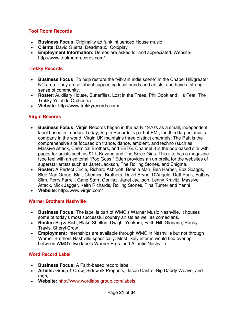 Industry Contacts and Career Resources for Music Production  Recording Arts Majors, Page 31