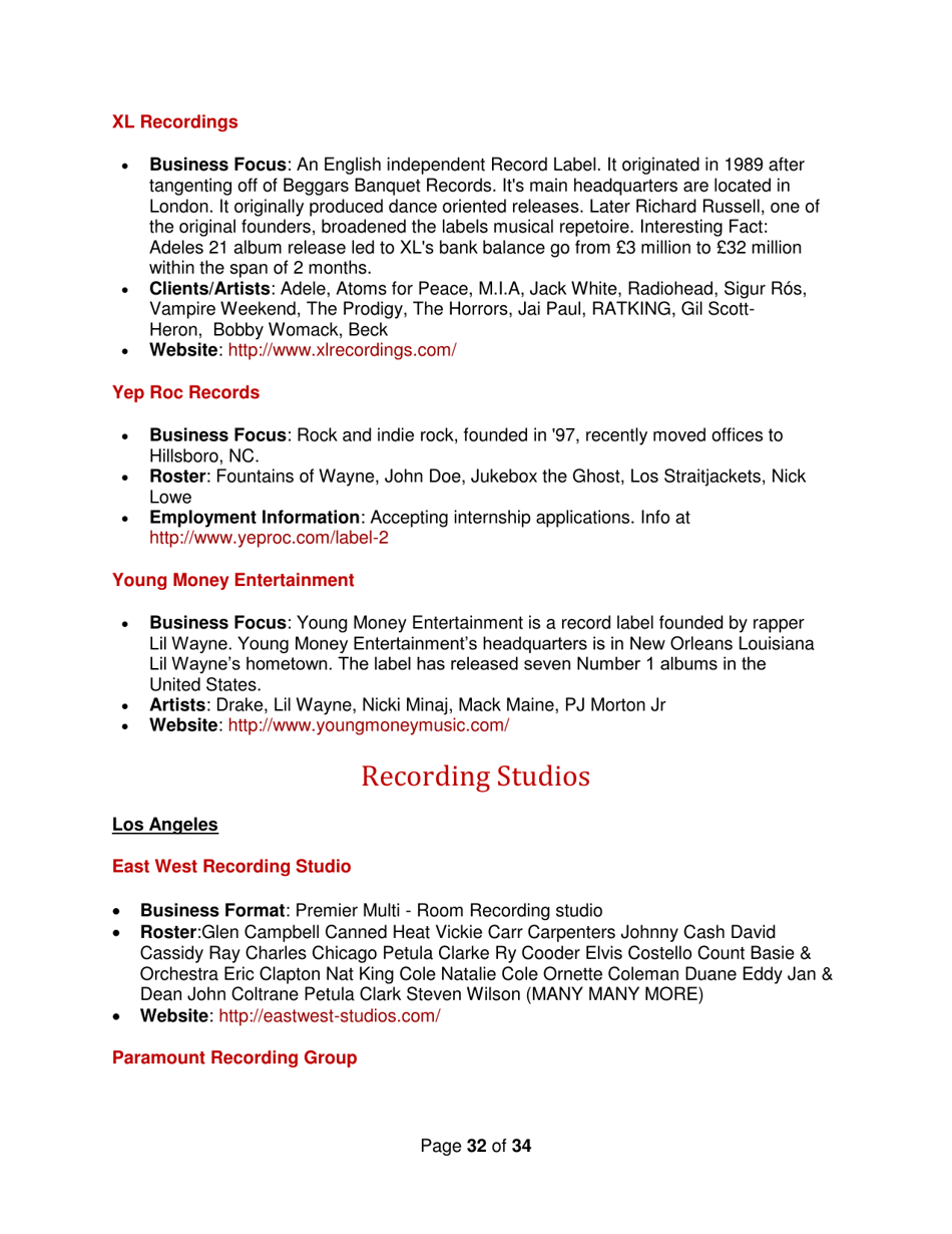 Industry Contacts and Career Resources for Music Production  Recording Arts Majors, Page 32