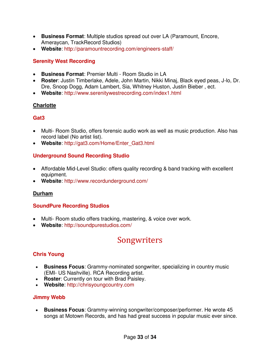 Industry Contacts and Career Resources for Music Production  Recording Arts Majors, Page 33