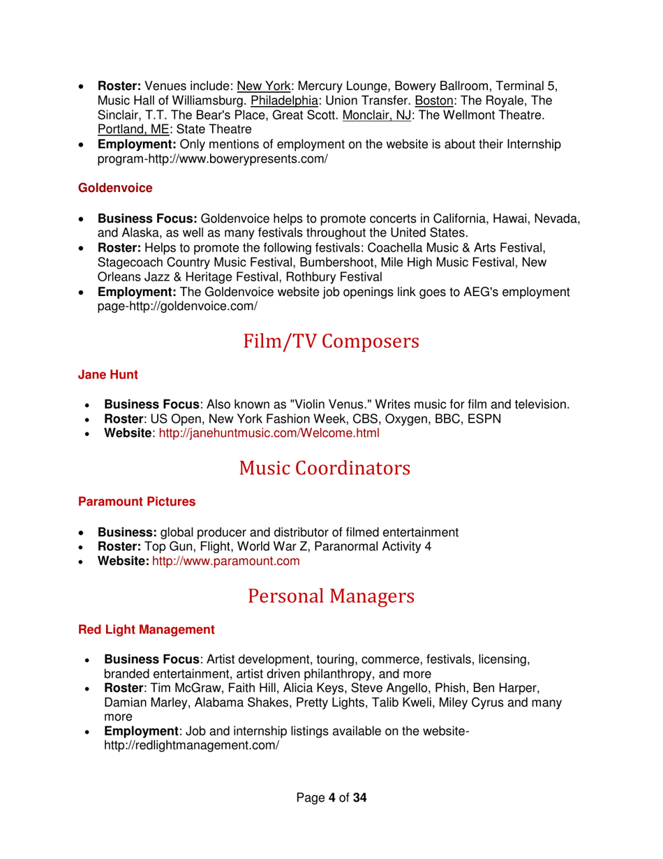 Industry Contacts and Career Resources for Music Production  Recording Arts Majors, Page 4