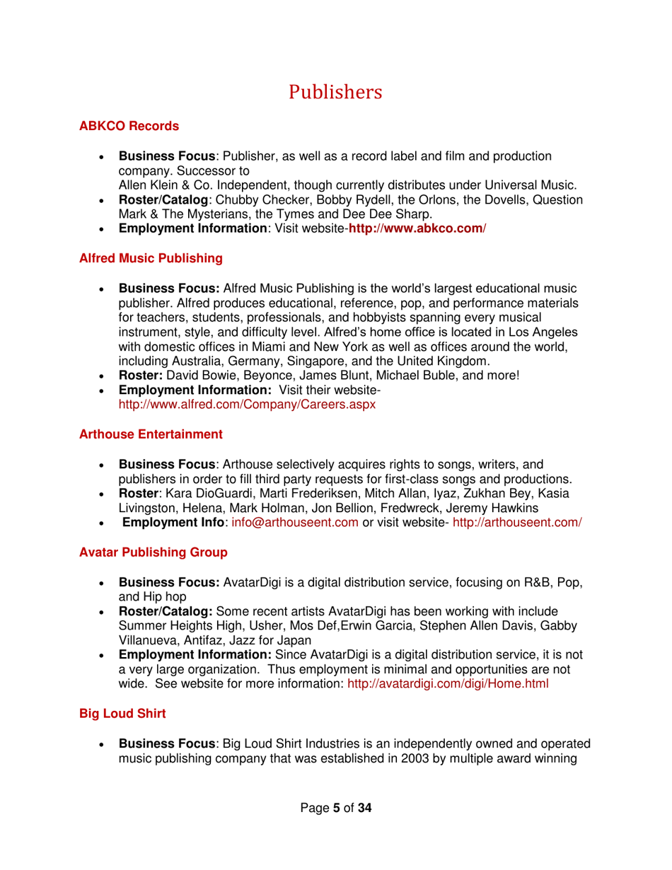 Industry Contacts and Career Resources for Music Production  Recording Arts Majors, Page 5