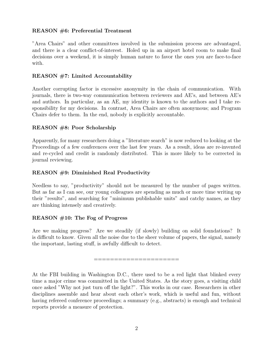 Ten Reasons Why Conference Papers Should Be Abolished - Donald Geman, Johns Hopkins University, Page 2