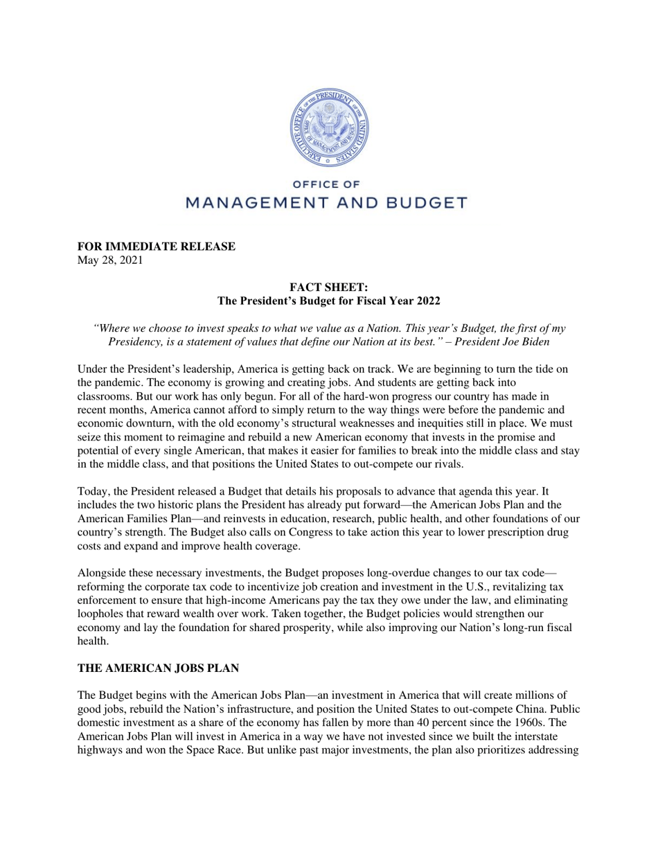 Fact Sheet: the Presidents Budget for Fiscal Year 2022, Page 1
