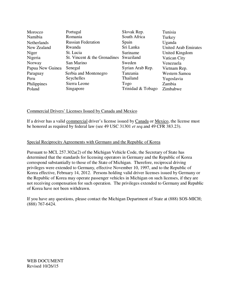 Appendix M International Drivers Licenses and Reciprocity Update - Michigan, Page 3