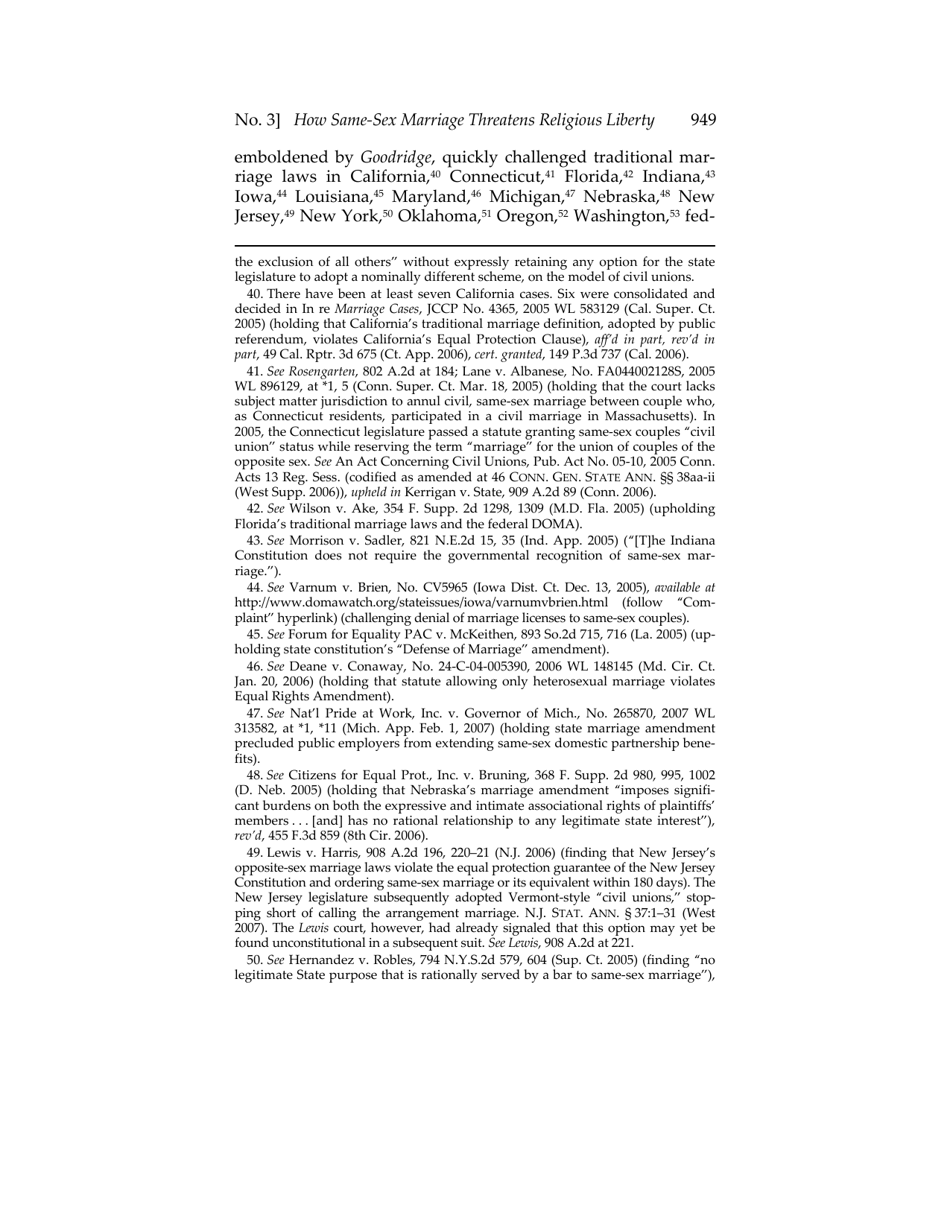 Or for Poorer? How Same-sex Marriage Threatens Religious Liberty - Roger Severino, Harvard Journal of Law  Public Policy, Page 11