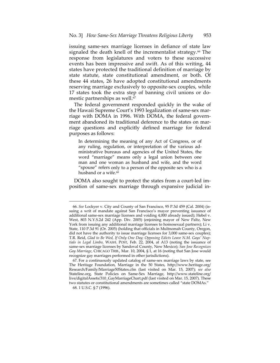 Or for Poorer? How Same-sex Marriage Threatens Religious Liberty - Roger Severino, Harvard Journal of Law  Public Policy, Page 15