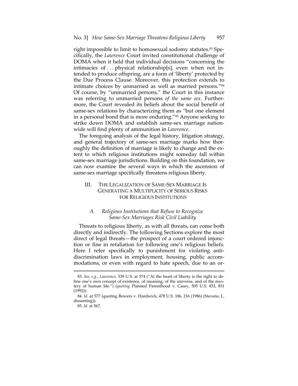 Or for Poorer? How Same-sex Marriage Threatens Religious Liberty - Roger Severino, Harvard Journal of Law  Public Policy, Page 19