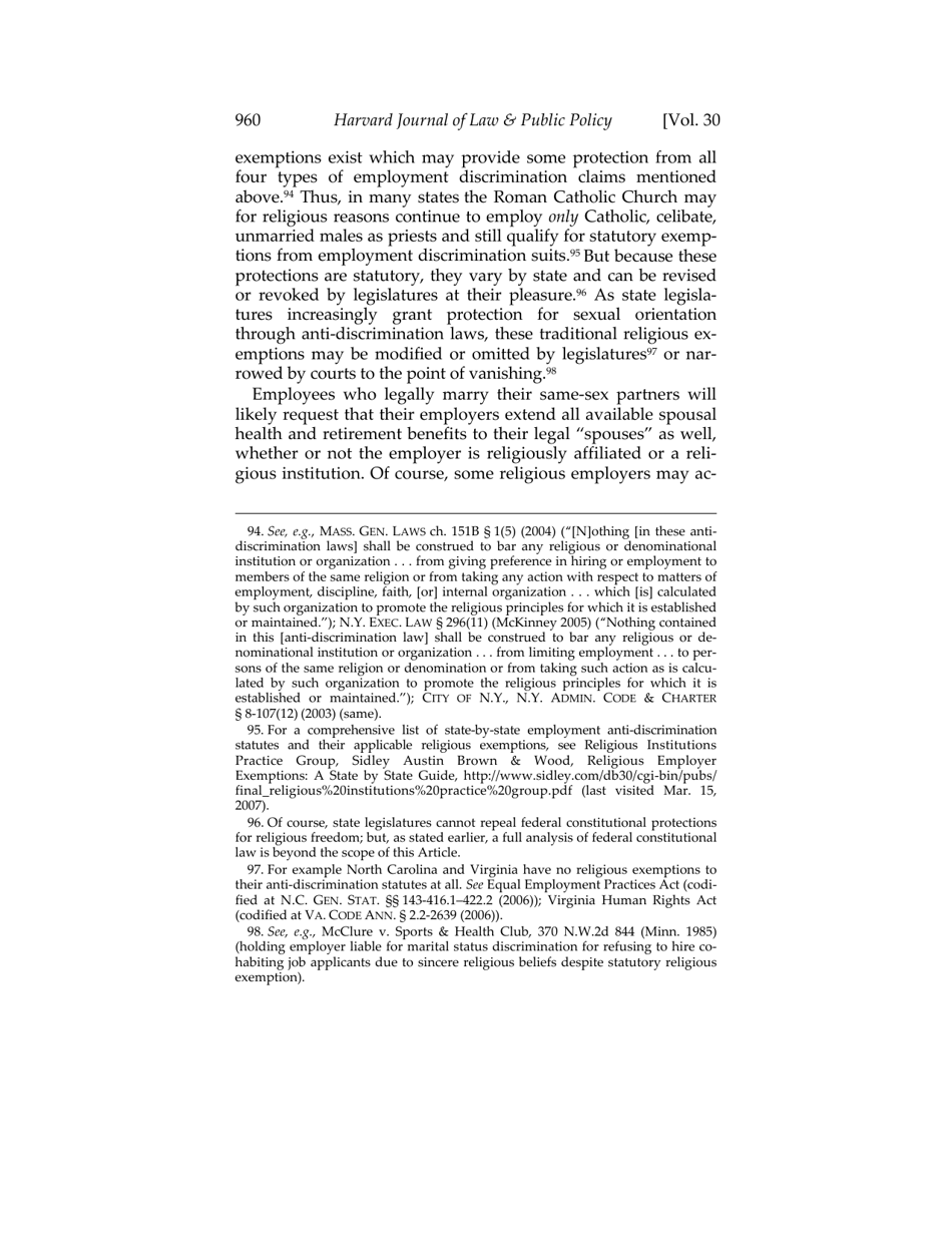 Or for Poorer? How Same-sex Marriage Threatens Religious Liberty - Roger Severino, Harvard Journal of Law  Public Policy, Page 22