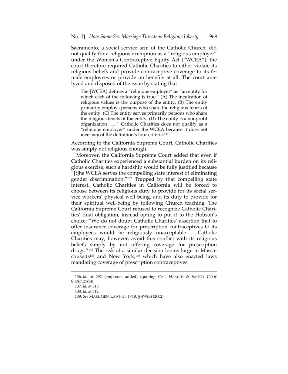 Or for Poorer? How Same-sex Marriage Threatens Religious Liberty - Roger Severino, Harvard Journal of Law  Public Policy, Page 31