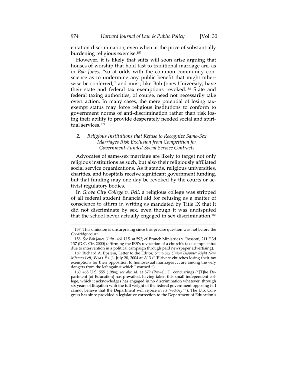 Or for Poorer? How Same-sex Marriage Threatens Religious Liberty - Roger Severino, Harvard Journal of Law  Public Policy, Page 36