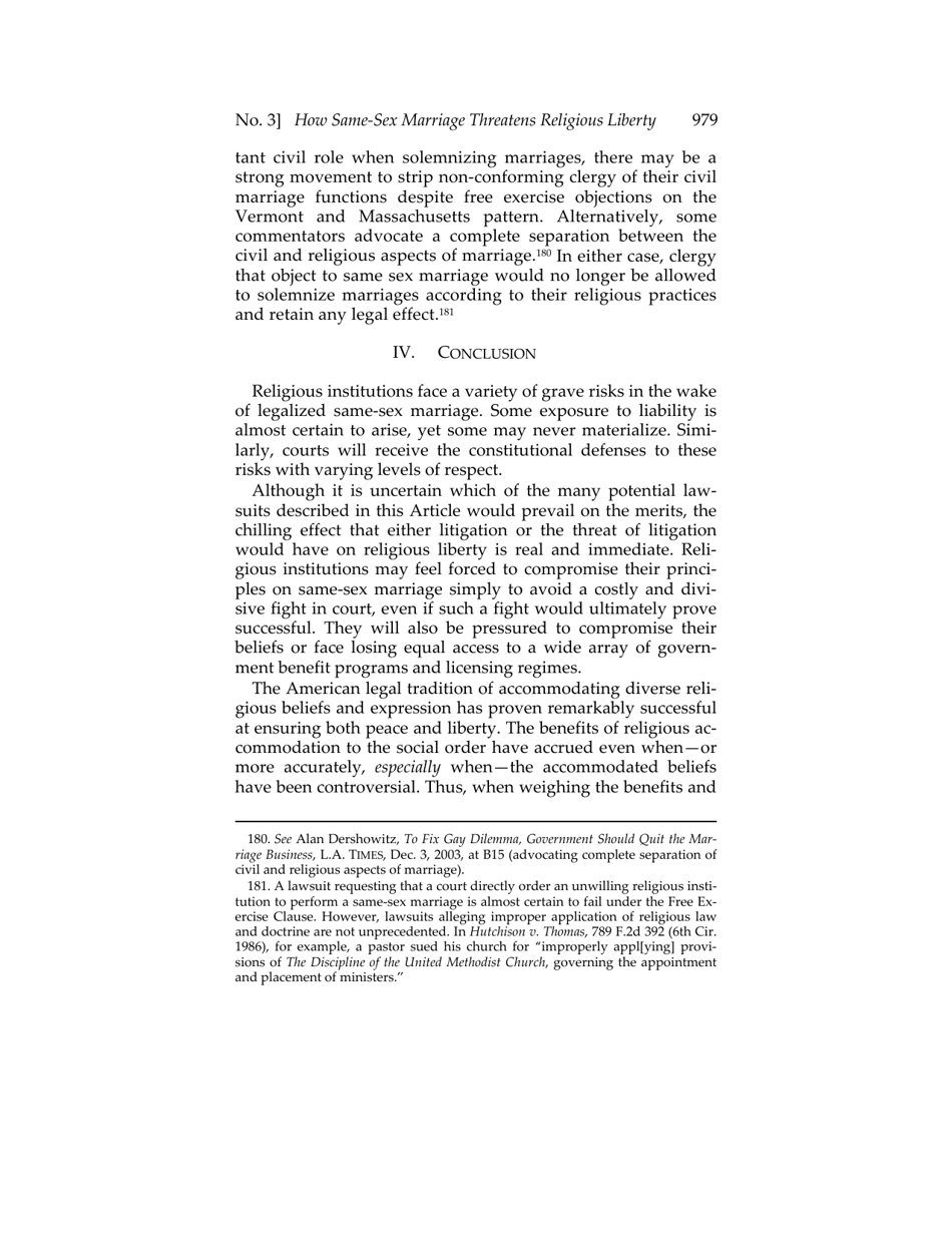 Or for Poorer? How Same-sex Marriage Threatens Religious Liberty - Roger Severino, Harvard Journal of Law  Public Policy, Page 41