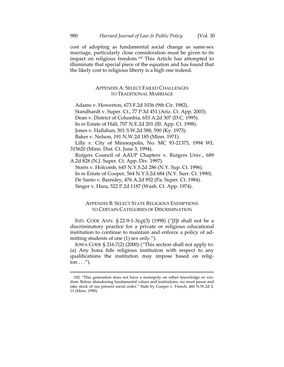 Or for Poorer? How Same-sex Marriage Threatens Religious Liberty - Roger Severino, Harvard Journal of Law  Public Policy, Page 42