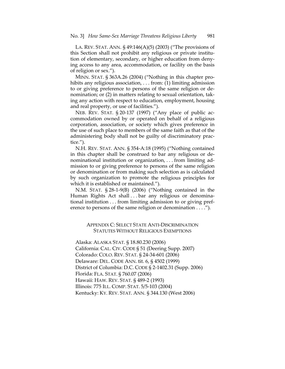 Or for Poorer? How Same-sex Marriage Threatens Religious Liberty - Roger Severino, Harvard Journal of Law  Public Policy, Page 43