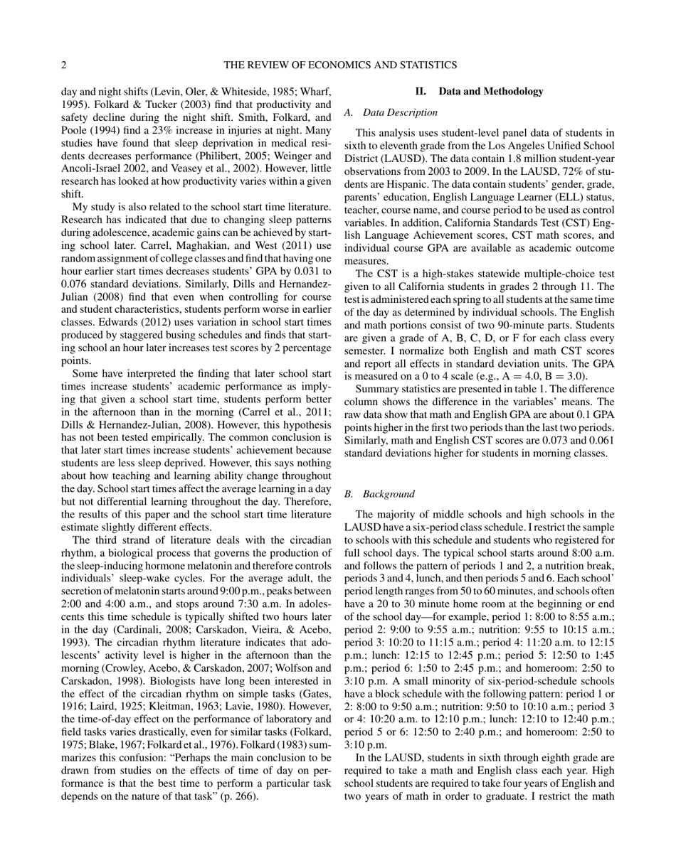 How the Time of Day Affects Productivity: Evidence From School Schedules - Nolan G. Pope, the Review of Economics and Statistics, Page 2