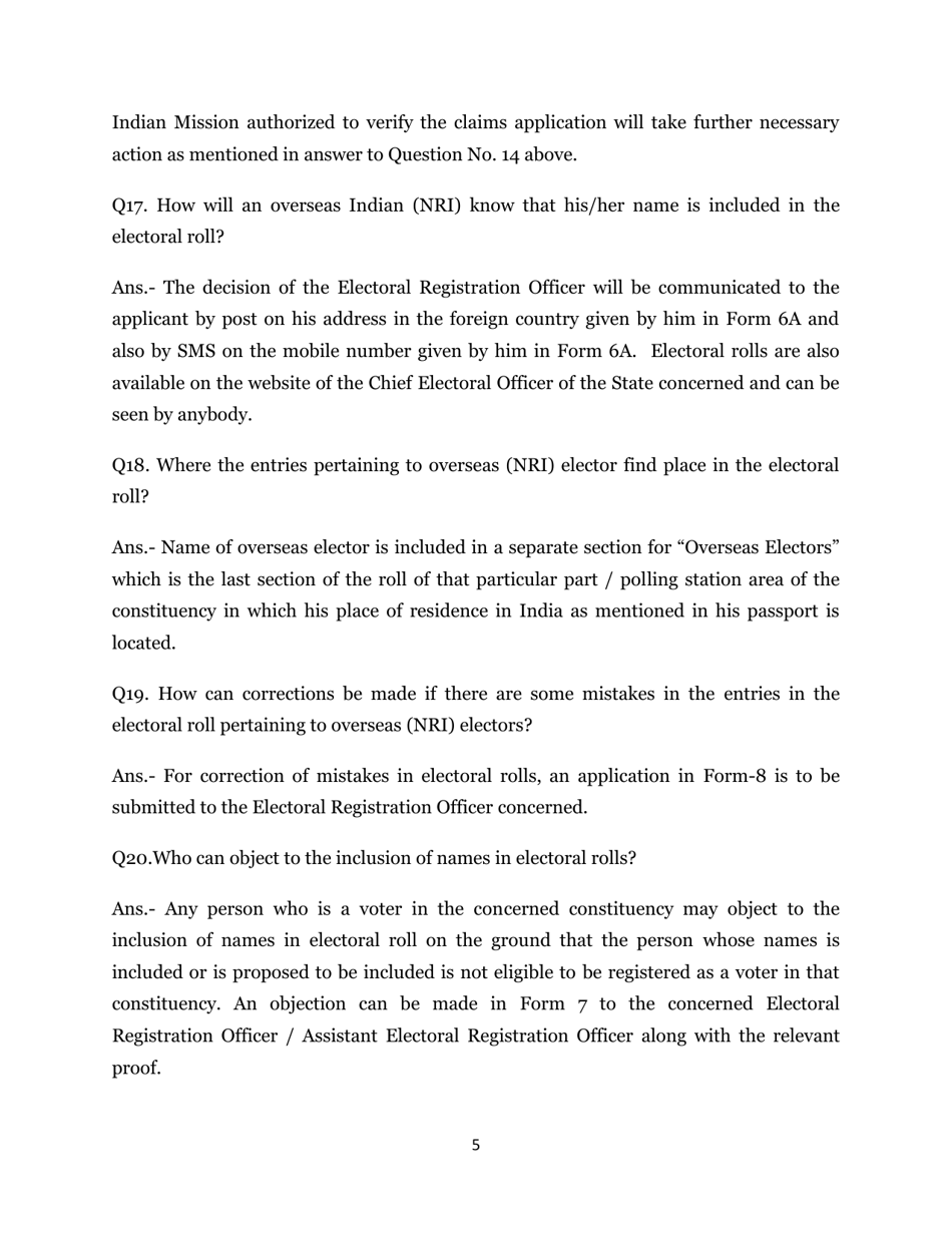 Frequently Asked Questions Overseas (Nri) Electors - India, Page 5