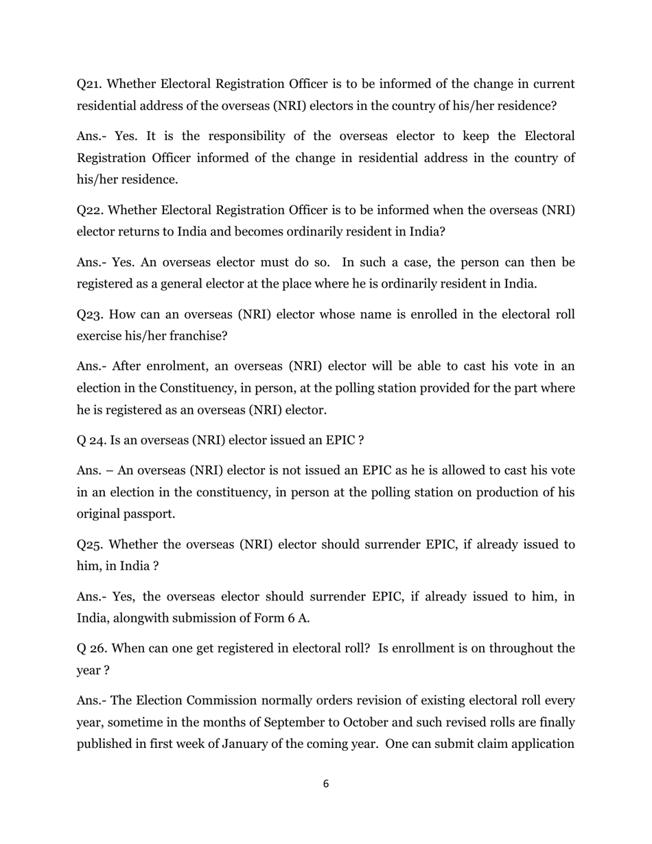 Frequently Asked Questions Overseas (Nri) Electors - India, Page 6
