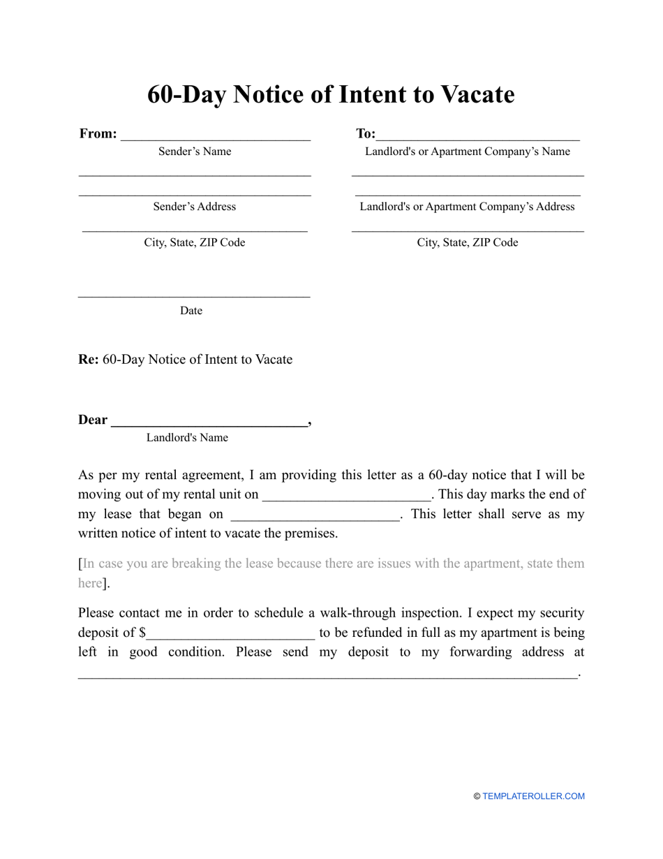 60day Notice of Intent to Vacate Template Download Printable PDF