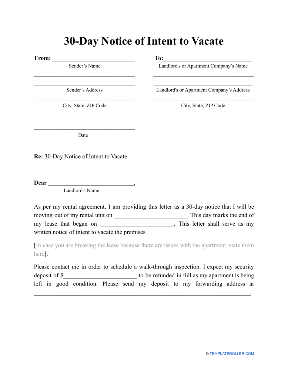 30day Notice of Intent to Vacate Template Download Printable PDF
