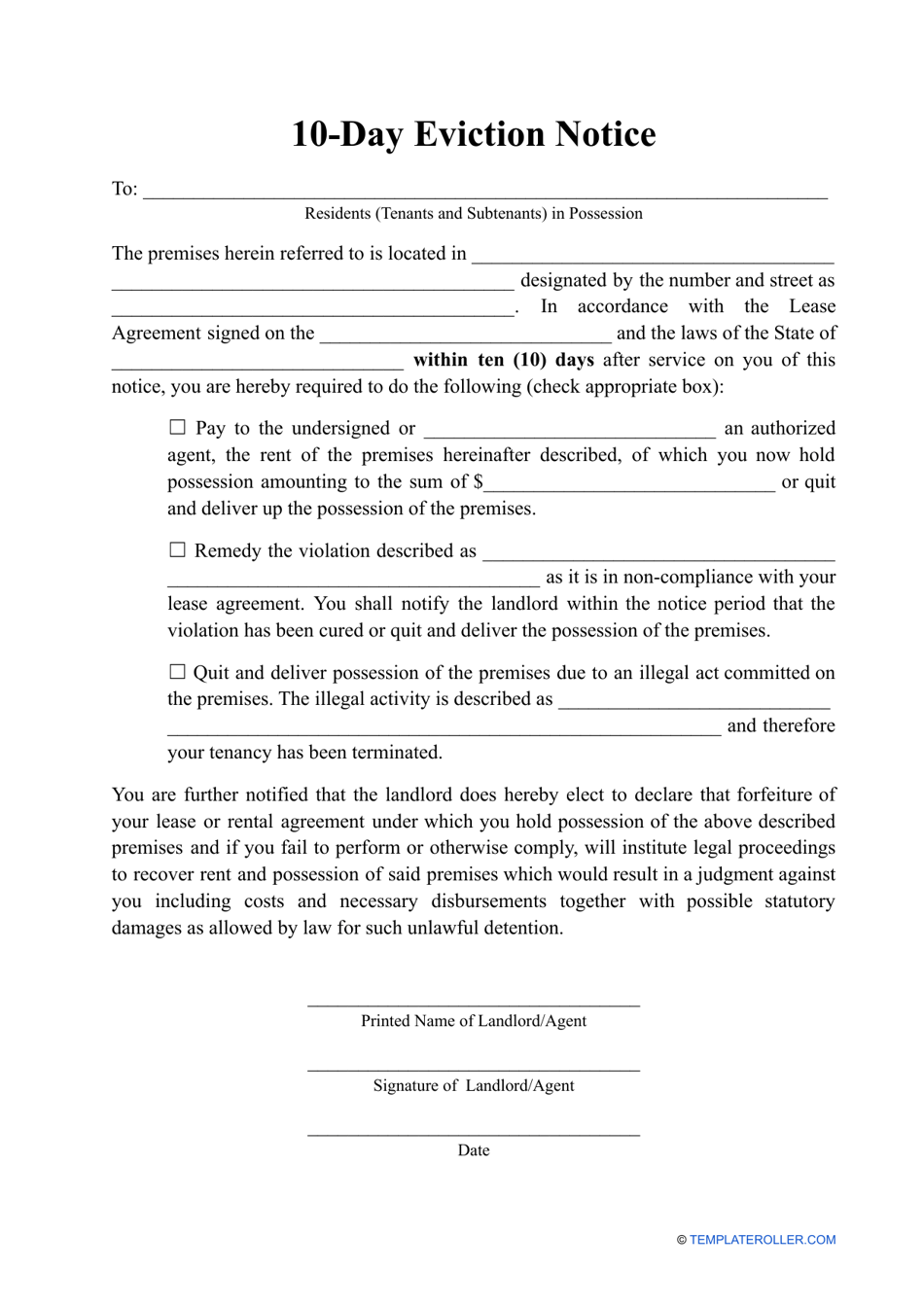 10 day Eviction Notice Template Fill Out Sign Online and Download