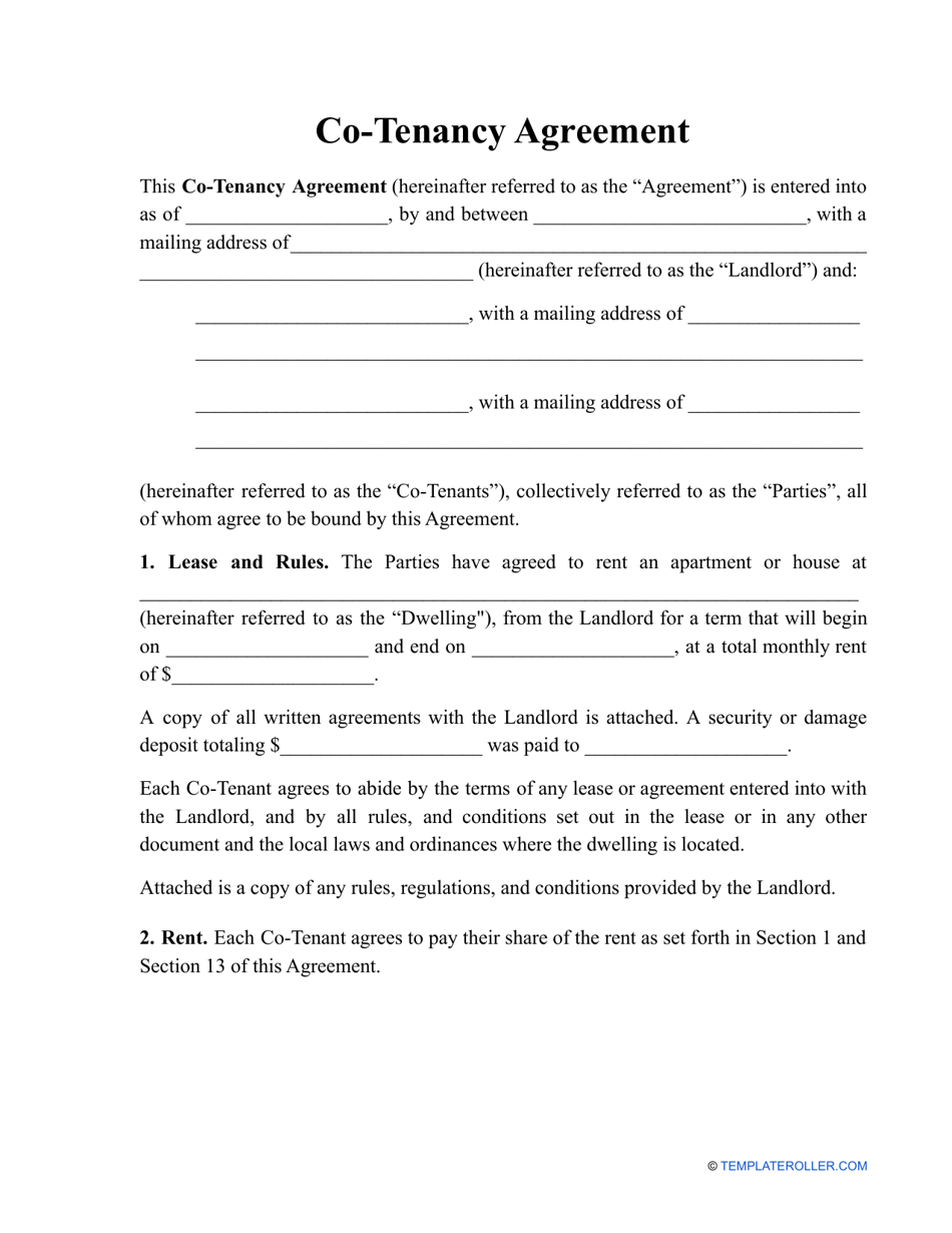 Co-tenancy Agreement Template Download Printable PDF  Templateroller In house share tenancy agreement template