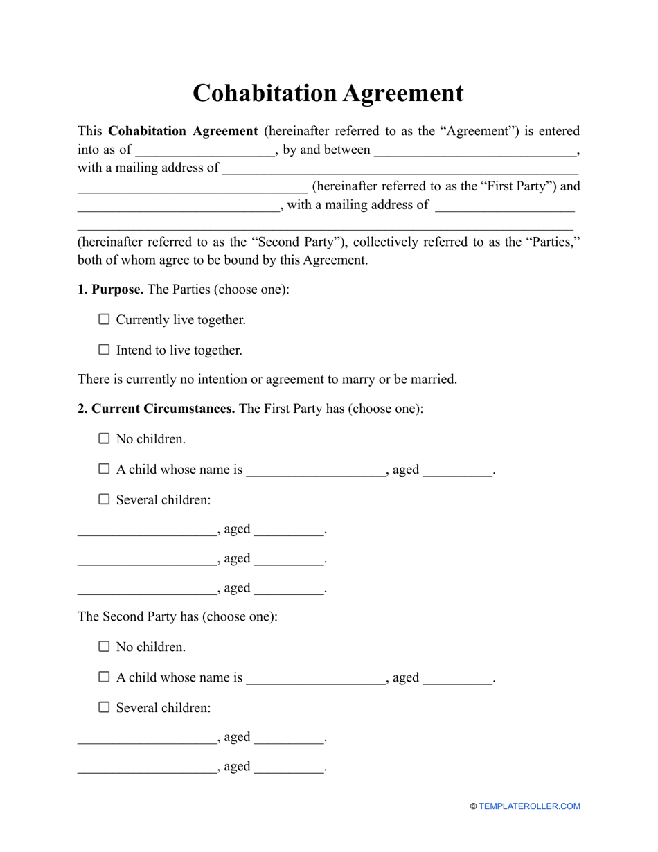 Cohabitation Agreement Template - Sixteen Points, Page 1