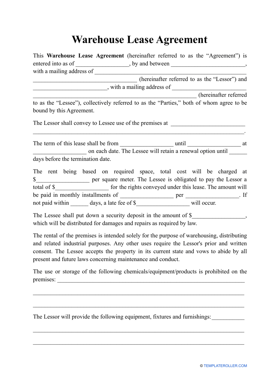 Warehouse Lease Agreement Template, Page 1