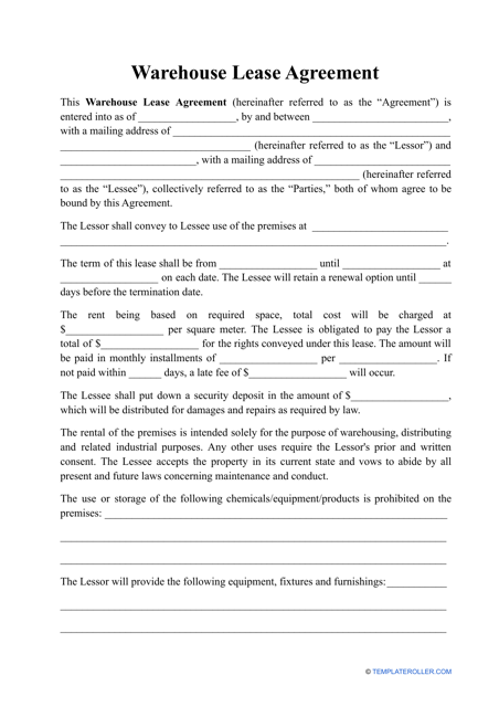 Printable Rental Warehousing Agreement Template