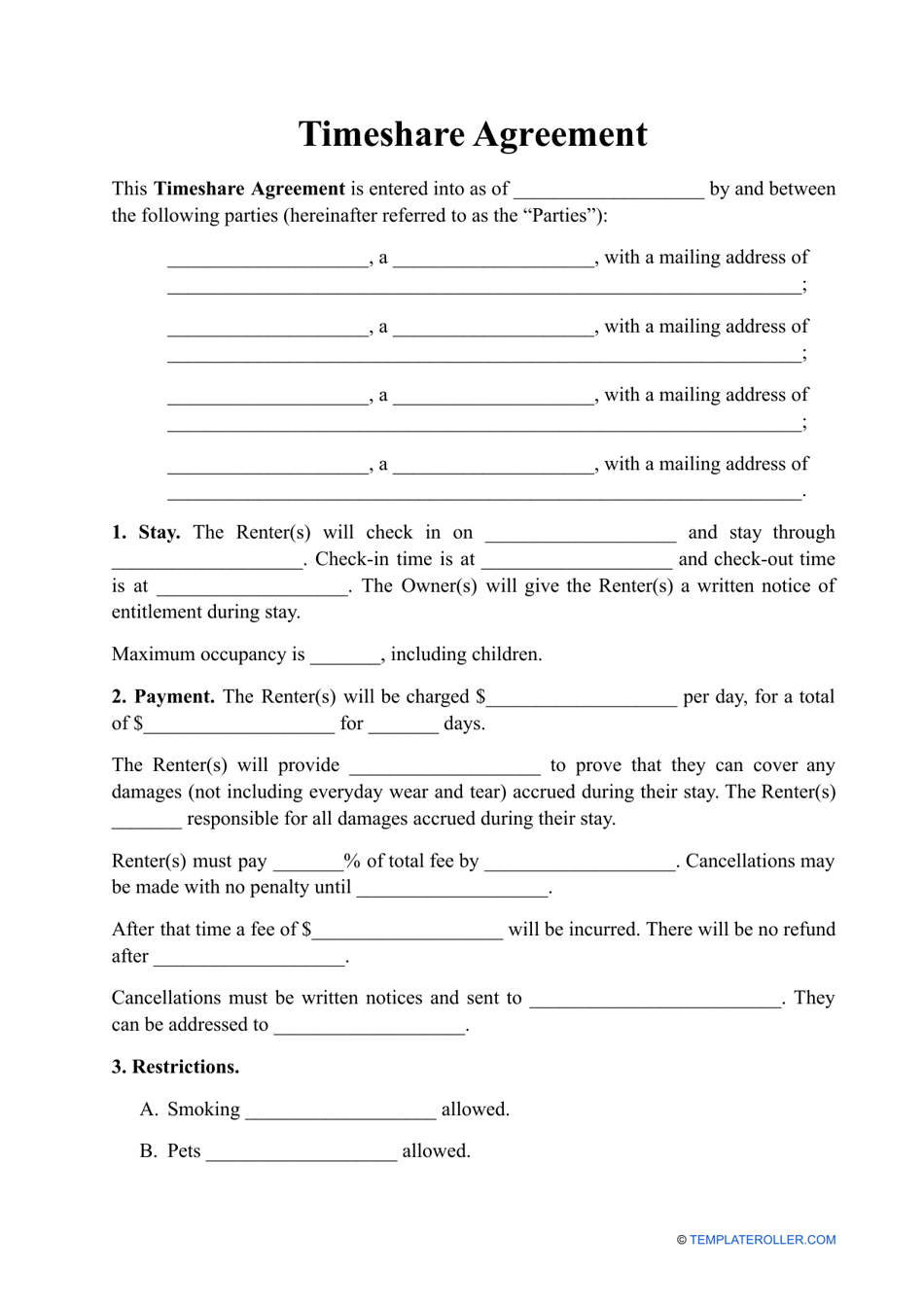 Timeshare Agreement Template, Page 1