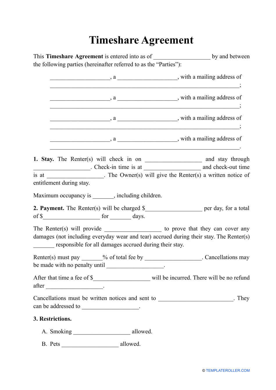 Timeshare agreement template fill out sign online and download pdf