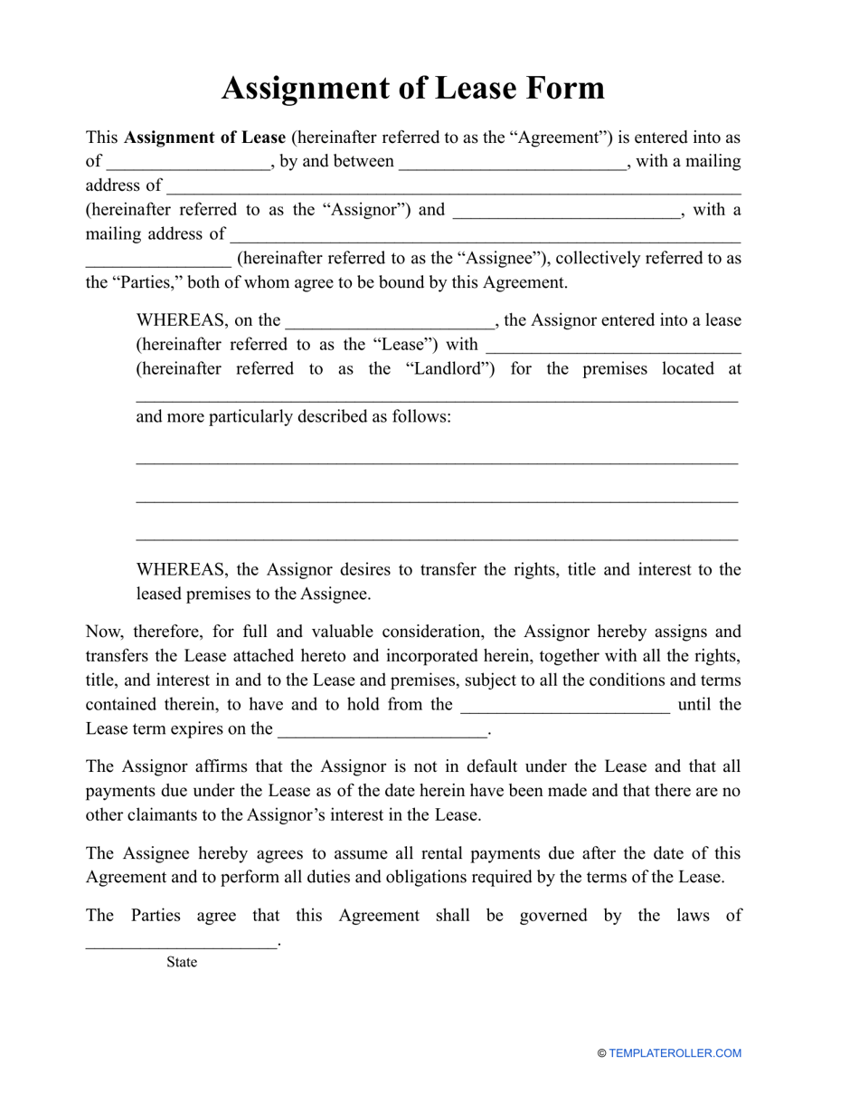 Assignment of Lease Form, Page 1
