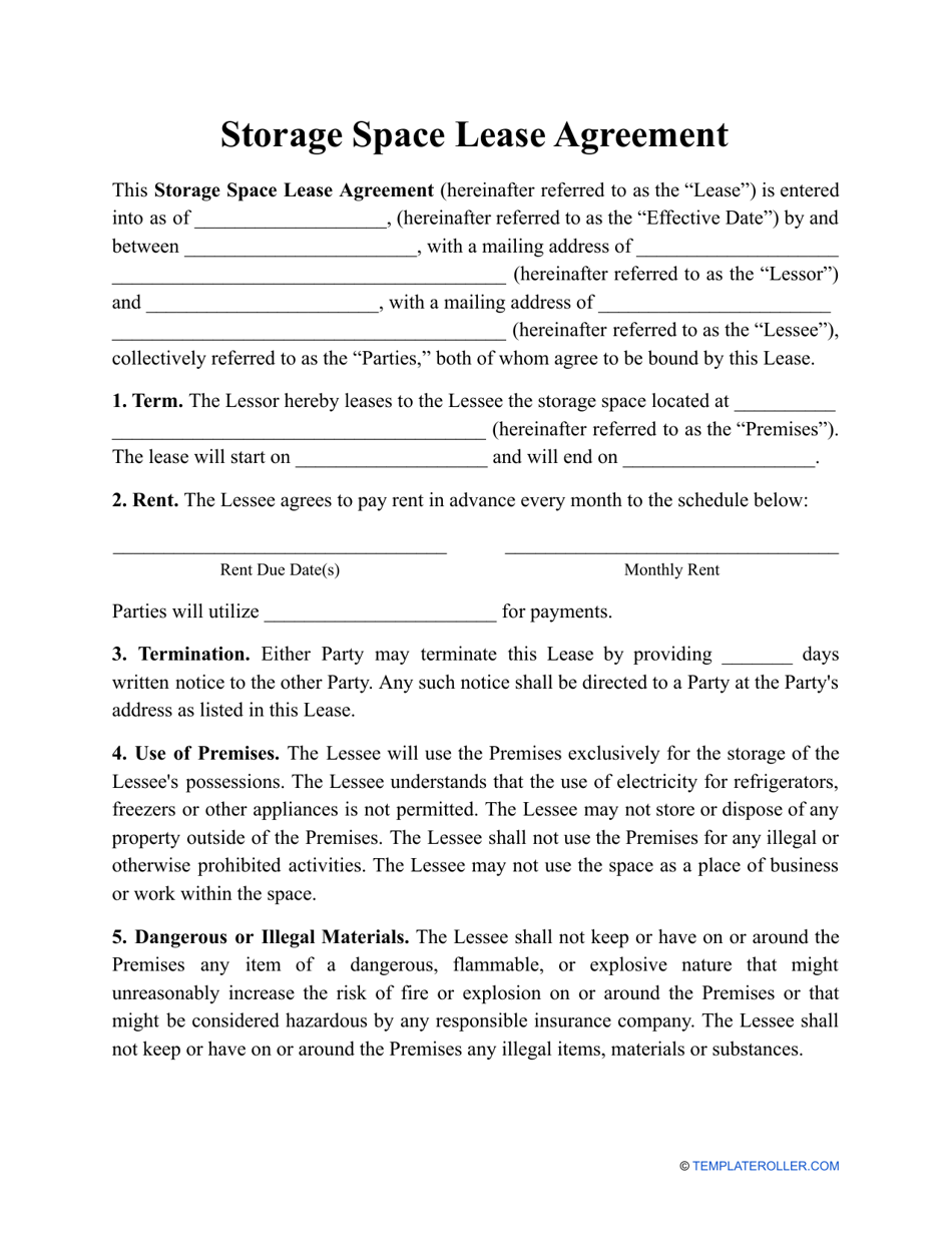 Storage Space Lease Agreement Template Fill Out, Sign Online and